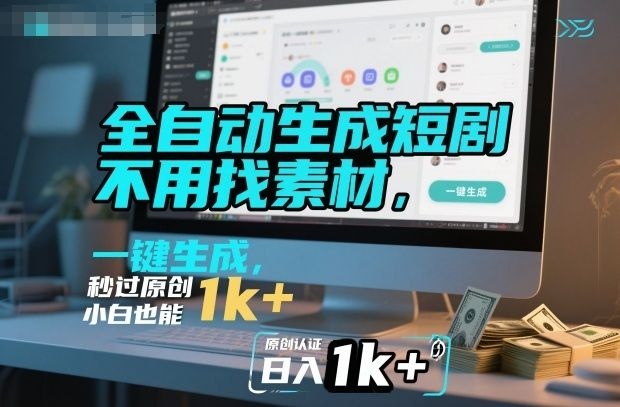 全自动生成短剧，不用找素材，不用剪辑，一键生成，秒过原创，小白也能轻松日入1k+-虎哥说创业