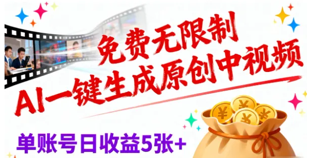 免费无限制，AI一键生成原创中视频，单账号日收益5张+-虎哥说创业