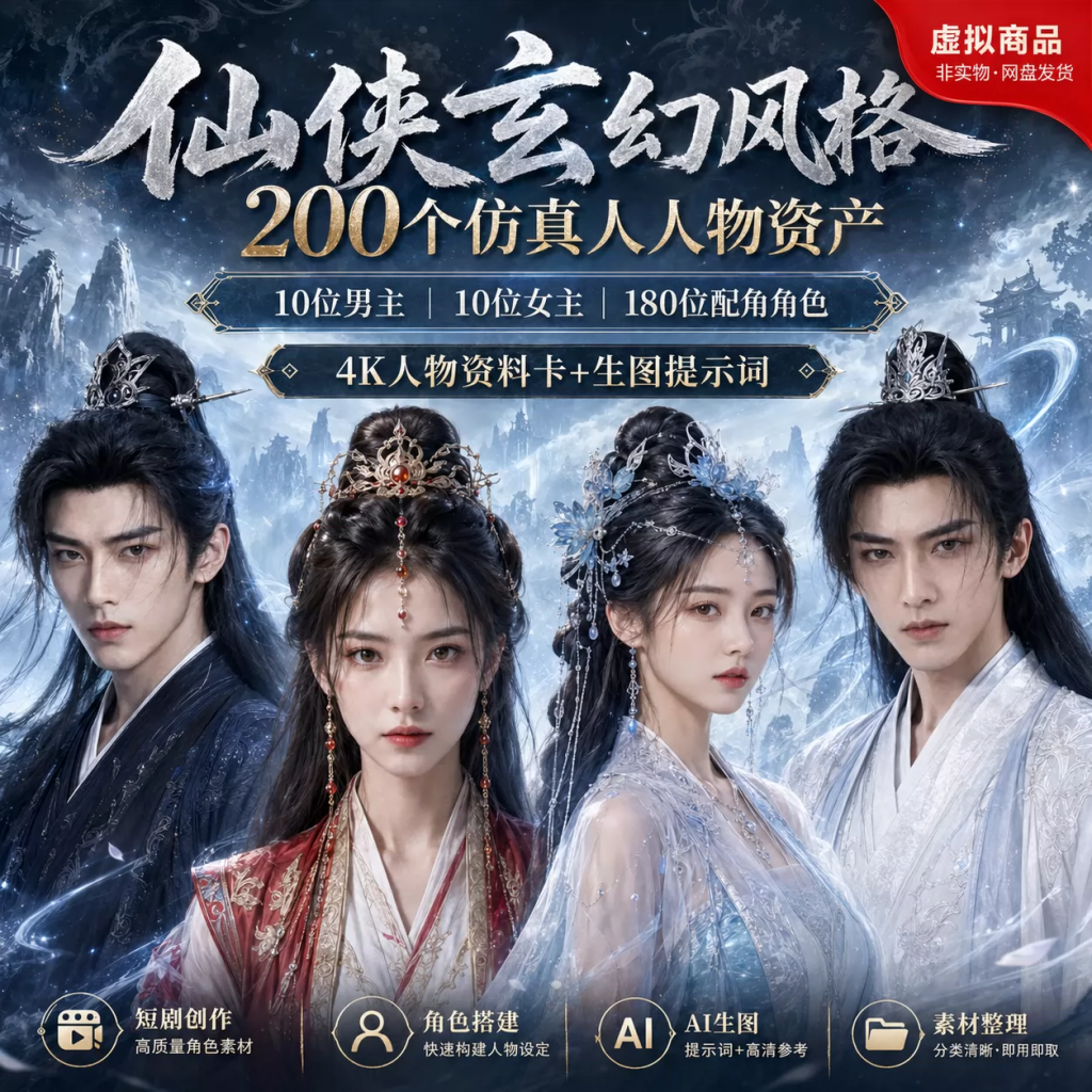 200个仙侠玄幻人物素材ai漫剧人物资产仿真人提示词 