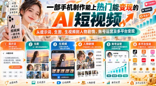 一部手机制作能上热门能变现的AI短视频，从提示词、生图、生视频到人物剧情、账号运营及多平台变现-虎哥说创业