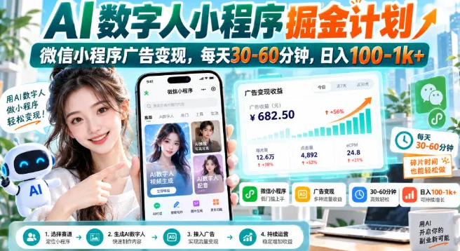 外面收费1k的AI数字人小程序掘金计划，微信小程序广告变现，每天30‑60分钟，日入100‑1k+-虎哥说创业