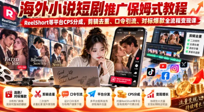 海外小说短剧推广保姆式教程｜ReelShort等平台CPS分成，剪辑去重、口令引流、对标爆款全流程变现课-虎哥说创业